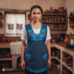 Turquoise Mexican Embroidered Smock Apron – Floral Traditional Design